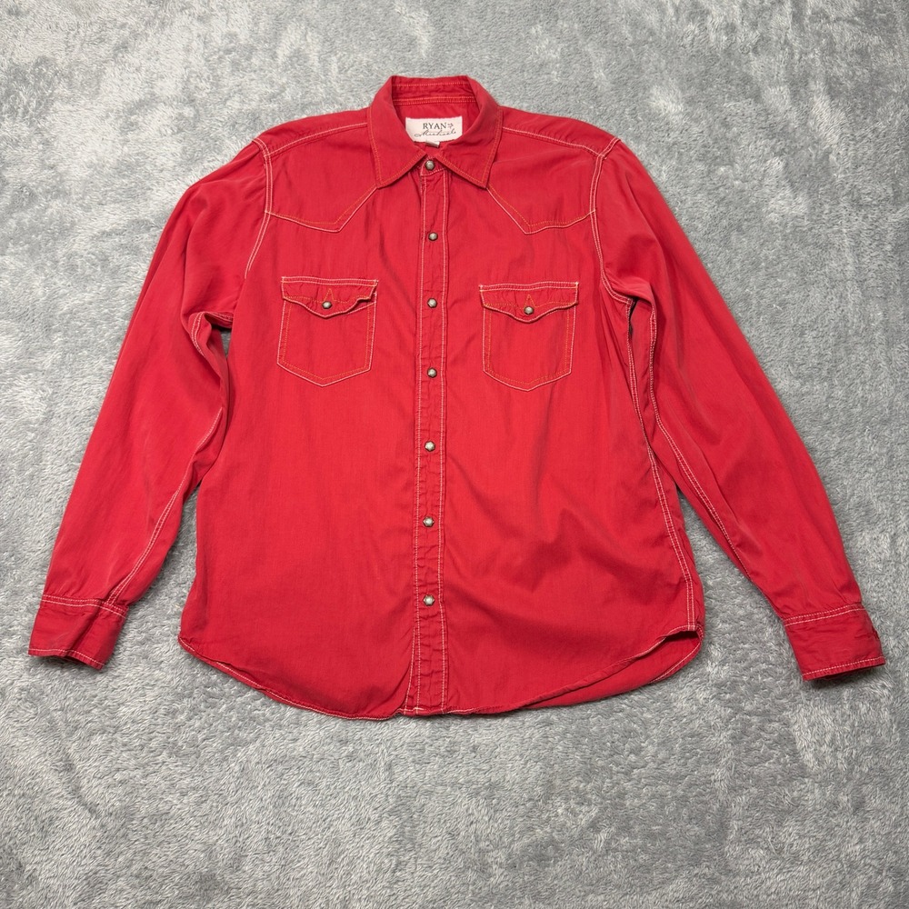 Ryan Michael Shirt Mens Medium Red Silk Cotton Pearl Snap Western Button